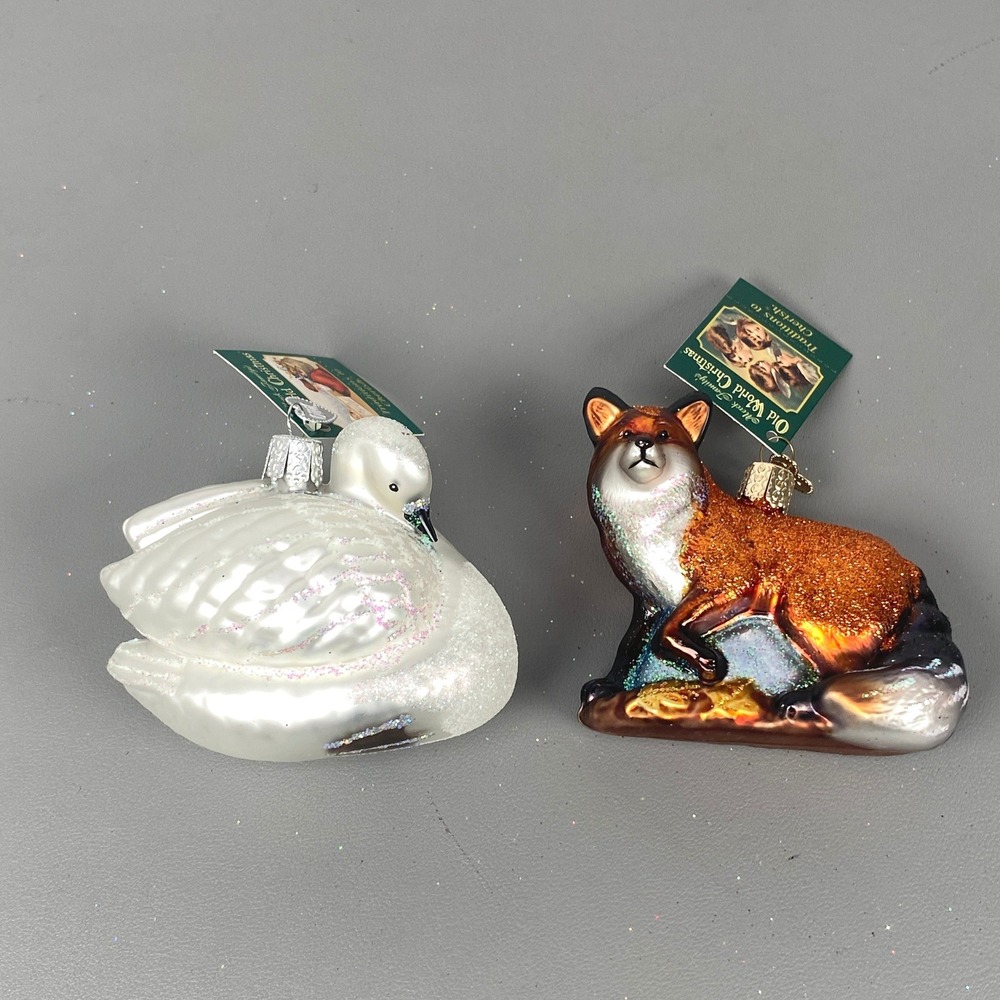 Old World Christmas Glass Animal Ornaments Lot Trumpeter Swan Bird & Red Fox